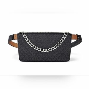 Michael Kors Black MK Logo Fanny Pack Belt Bag Chain Accent Zip Waist Crossbody.